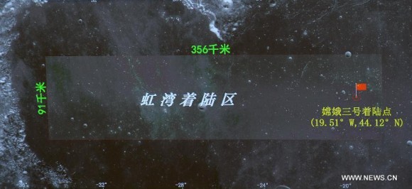 Photo taken on Dec. 14, 2013 shows the landing spot of lunar probe Chang'e-3 indicated on the screen of the Beijing Aerospace Control Center in Beijing, capital of China. Credit: Xinhua/Li