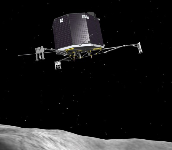 Artist's impression of Philae, the lander from the Rosetta spacecraft, descending to the surface of Comet 67P/Churyumov–Gerasimenko in November 2014. Credit: ESA–J. Huart, 2013