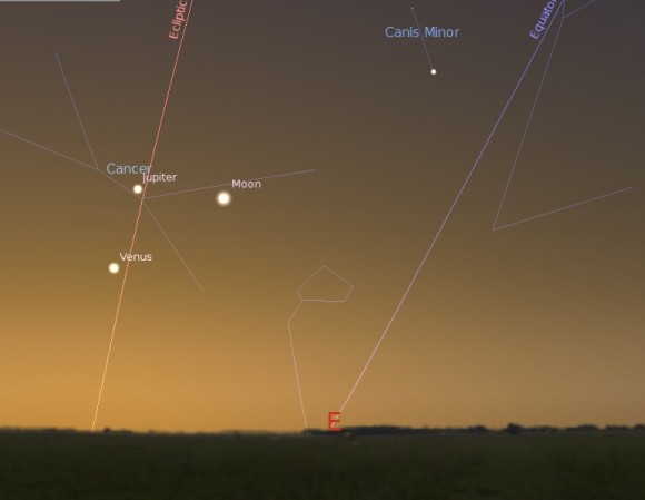 A tri-conjunction of the Moon, Venus & Jupiter- A "Skewed Smiley face" conjunction!" Credit: Stellarium