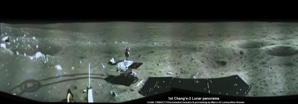 Portion of 1st panorama around Chang’e-3 landing site after China’s Yutu rover drove onto the Moon’s surface on Dec. 15, 2013. The images were taken by Chang’e-3 lander following Dec. 14 touchdown. Panoramic view was created from screen shots of a news video assembled into a mosaic. Credit: CNSA/CCTV/screenshot mosaics & processing by Marco Di Lorenzo/Ken Kremer See the complete panorama below Story updated