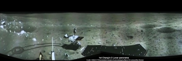 Portion of 1st panorama around Chang'e-3 landing site showing China's Yutu rover leaving tracks in the lunar soil as it drives across the Moon's surface on Dec. 15, 2013. Images taken by Chang'e-3 lander  following Dec. 14 touchdown. Panoramic view was created from screen shots of a news video assembled into a mosaic. Credit: CNSA/CCTV/screenshot mosaics & processing by Marco Di Lorenzo/Ken Kremer