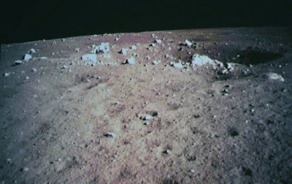 The boulders strewn about the crater rim at the Chang'e 3 landing site might be samples of lunar bedrock. Credit: CCTV