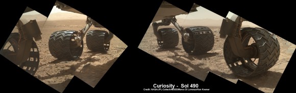 Photomosaic shows new holes and tears in several of rover Curiosity’s six wheels caused by recent driving over sharp edged Martian rocks on the months long trek to Mount Sharp. Raw images taken by the MAHLI camera on Curiosity’s arm on Dec. 22, 2013 (Sol 490) were assembled to show rover’s underbelly and some recent damage to several of its six wheels - most noticeably the two at right in middle and front. Far fewer holes are visible in imagery captured earlier in the Curiosity’s Martian traverse - see below. Credit: NASA / JPL / MSSS / Marco Di Lorenzo / Ken Kremer- kenkremer.com See below more wheel mosaics for comparison