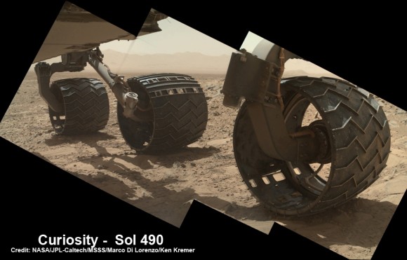 Photomosaic shows new holes and tears in several of rover Curiosity's six wheels caused by recent driving over sharp edged Martian rocks on the months long trek to Mount Sharp. Raw images taken by the MAHLI camera on Curiosity's arm on Dec. 22, 2013 (Sol 490) were assembled to show some recent damage to several of its six wheels – most noticeably the two here in middle and front. Credit: NASA / JPL / MSSS / Marco Di Lorenzo / Ken Kremer- kenkremer.com See below complete 6 wheel mosaic and further wheel mosaics for comparison 