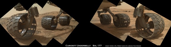 Photomosaic from Sol 177 (Feb. 3, 2013) shows rover Curiosity’s six wheels relatively intact with far fewer holes and dents compared to Sol 490 mosaic taken on Dec 22. 2013. Rover is working in Yellowknife Bay here and had not yet begun long trek to Mount Sharp. Sol 177 raw images assembled to mosaic were taken by the MAHLI camera on Curiosity’s arm. Credit: NASA/JPL/MSSS/Marco Di Lorenzo/Ken Kremer- kenkremer.com