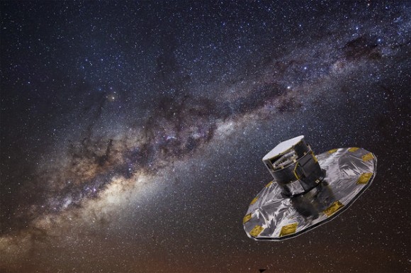 Gaia will make an accurate map of the stars within the Milky Way from its location at L2 (ESA/ATG medialab; background: ESO/S. Brunier)