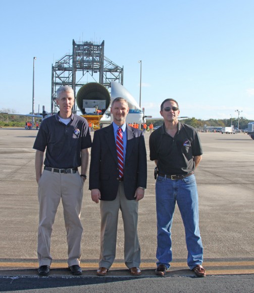 Orion managers pose with heat shield at KSC; Scott Wilson, NASA Orion deputy manager of Production Operations; Todd Sullivan, heat shield senior manager at Lockheed Martin; Stu Mcclung, NASA Orion deputy manager of Production Operations. Credit: Ken Kremer/kenkremer.com