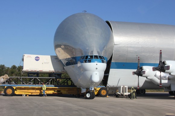 Orion EFT-1 heat shield hauled off NASA’s Super Guppy aircraft after arrival at the Kennedy Space Center in Florida on Dec. 5, 2013. Credit: Ken Kremer/kenkremer.com