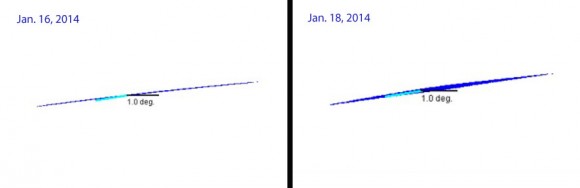 A slivery ISON on Jan. 16 widens a bit two days later in Pilz's simulations. Credit: Uwe Pilz