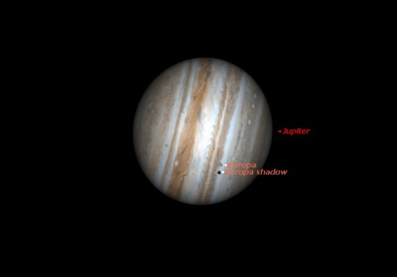 Europa just beginning to cast a shadow off to one side shortly after opposition on January 8th at 7:30PM EST. (Created by the author using Stellarium).