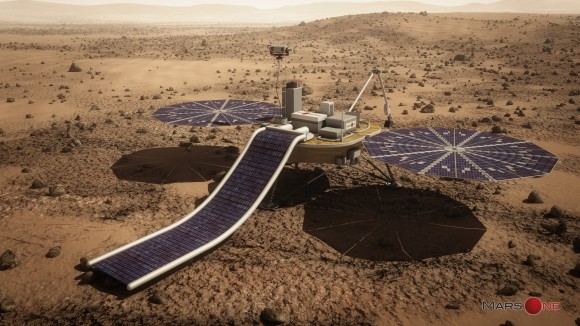 Mars One proposes Phoenix-like lander for first privately funded mission to the Red Planet slated to blastoff in 2018.  This film solar array experiment would provide additional power. Credit: Mars One 