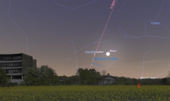 The Moon and Jupiter on the evening of January 14th shortly before sunset. (Created by the Author using Stellarium).