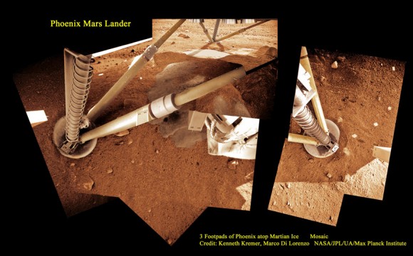 3 Footpads of Phoenix Mars Lander atop Martian Ice.  Phoenix thrusters blasted away Martian soil and exposed water ice. Proposed Mars InSight mission will build a new Phoenix-like lander from scratch to peer deep into the Red Planet and investigate the nature and size of the mysterious Martian core. Credit: Ken Kremer, Marco Di Lorenzo, Phoenix Mission, NASA/JPL/UA/Max Planck Institute