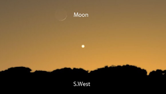 Before Venus departs the evening sky watch for it to pair up with a very thin crescent moon shortly after sunset on Jan. 2, 2014. Stellarium