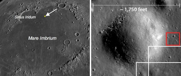 Left: The lander's new location in northern Mare Imbrium. Right: LRO scientists have so far nailed down the lander's position somewhere inside the red box on the rim of a small crater with exposed rocky outcrops. Picture is about 1,750 feet side to side. Credit: NASA