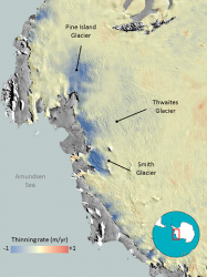 West Antarctic thinning between 2010 and 2013, as measured by the European Space Agency's CryoSat satellite. Credit: CPOM/ESA