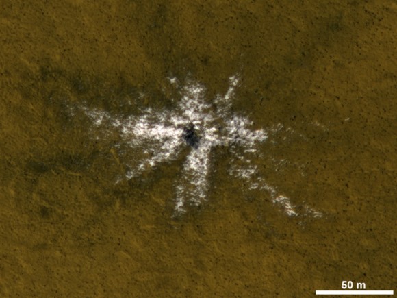 A 2010 image of ice excavated on Mars after a recent meteorite impact. Image from the Mars Reconnaissance Orbiter's High Resolution Imaging Science Experiment (HiRISE) camera. Credit: NASA/JPL-Caltech/Univ. of Arizona