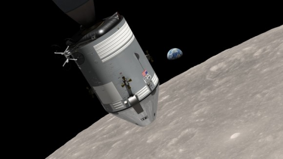 A computer-generated visualization of the Apollo 8 spacecraft in orbit around the moon, with Earth rising over the horizon. Image Credit: Ernie Wright/NASA Goddard Scientific Visualization Studio
