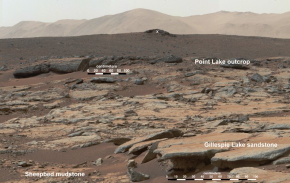 Outcrops in Yellowknife Bay are being exposed by wind driven erosion. These rocks record superimposed ancient lake and stream deposits that offered past environmental conditions favorable for microbial life. This image mosaic from the Mast Camera instrument on NASA's Curiosity Mars rover shows a series of sedimentary deposits in the Glenelg area of Gale Crater, from a perspective in Yellowknife Bay looking toward west-northwest.  The "Cumberland" rock that the rover drilled for a sample of the Sheepbed mudstone deposit (at lower left in this scene) has been exposed at the surface for only about 80 million years. Credit: NASA/JPL-Caltech/MSSS