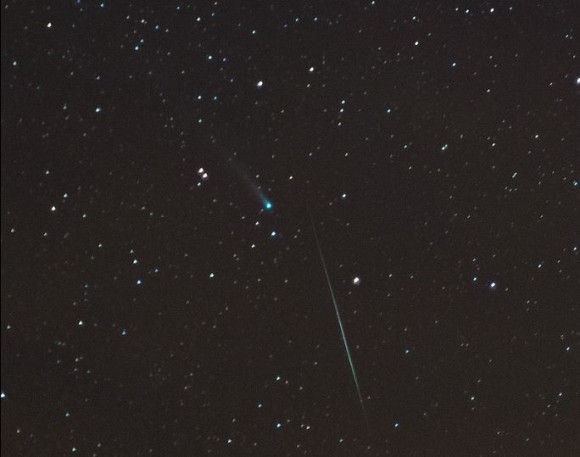 A Geminid meteor and Comet  C/2013 R1  Lovejoy, seen Dec. 11, 2013. Credit and copyright: Jeffrey Sullivan. 