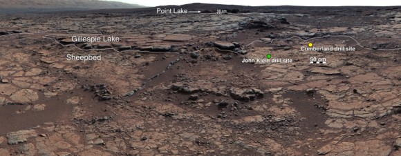 View of Yellowknife Bay Formation, with Drilling Sites. This mosaic of images from Curiosity's Mast Camera (Mastcam) shows geological members of the Yellowknife Bay formation, and the sites where Curiosity drilled into the lowest-lying member, called Sheepbed, at targets "John Klein" and "Cumberland." The scene has the Sheepbed mudstone in the foreground and rises up through Gillespie Lake member to the Point Lake outcrop. These rocks record superimposed ancient lake and stream deposits that offered past environmental conditions favorable for microbial life. Rocks here were exposed about 70 million years ago by removal of overlying layers due to erosion by the wind. Credit: NASA/JPL-Caltech/MSSS