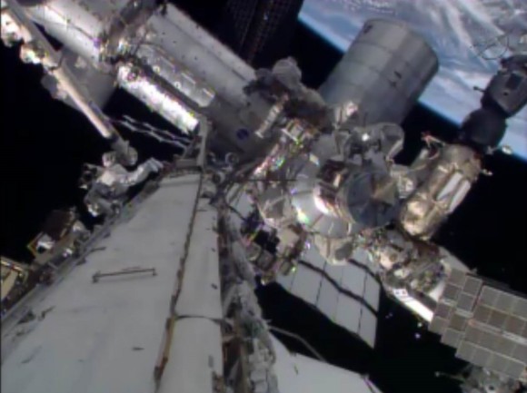 NASA astronauts Rick Mastracchio and Mike Hopkins of Expedition 38 worked outside for more than five hours Dec. 21 to begin replacing a faulty ammonia pump on the International Space Station. Credit: NASA TV