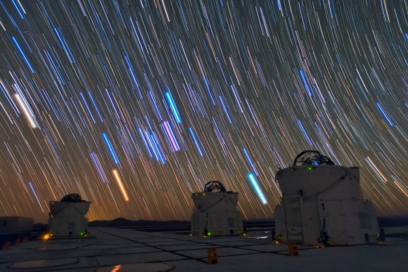 Star trails above the European Space Observatory's Paranal Observatory in Chile, showing three of the four auxiliary telescopes of the Very Large Telescope Interferometer (VLTI). Credit: ESO/B. Tafreshi