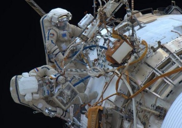 Russian cosmonauts Oleg Kotov and Sergey Ryazanskiy attempted to install UrtheCast cameras on the space station on Dec. 27, 2013, but the cameras did not send telemetry as expected. At the time, the cause of the problem was not known. The Expedition 38 astronauts were instructed to bring the cameras back inside for more analysis. Credit: Rick Mastracchio (Twitter)