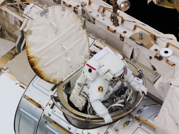 Expedition 24 astronaut Douglas Wheelock exits the Quest airlock at the beginning of a spacewalk Aug. 11, 2010 to replace a failed ammonia pump on the International Space Station's S1 truss. Credit: NASA
