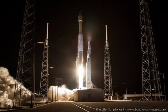 Remote camera shot of NASA TDRS-L relay satellite launch aboard Atlas V rocket on Jan. 23, 2014. Credit: Walter Scriptunas II - www.scriptunasimages.com
