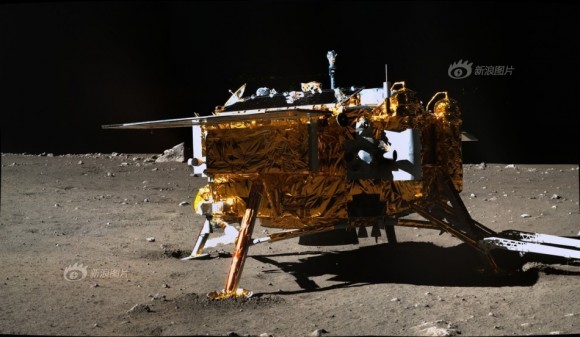 Side view Chang'e-3 moon lander in this image taken by the panoramic camera on the Yutu moon rover as it drove in a semicircle around the lander heading south. Credit: Chinese Academy of Sciences