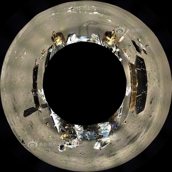 This digitally-combined polar panorama shows a 360 degree color view of the moonscape around the Chang'e-3 lander after the Yutu moon rover drove onto the lunar surface leaving visible tracks behind.  Images were taken from Dec. 17 to Dec. 18, 2013.  Credit: Chinese Academy of Sciences