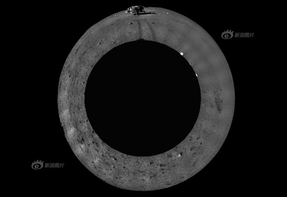 This digitally-combined polar panorama shows a 360 degree black and white view of the moonscape around the Yutu moon rover after it drove off the Chang'e-3 lander at top and left visible tracks behind.  Images were taken on Dec. 23, 2013.  Credit: Chinese Academy of Sciences