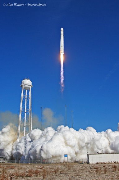 Orbital Sciences Antares rocket blasts off on Jan. 9, 2014 from NASA Wallops on Virginia coast on the Orb-1 mission bound for ISS. Photo taken by remote camera at launch pad. Credit: Alan Walters/AmericaSpace/awaltersphoto.com