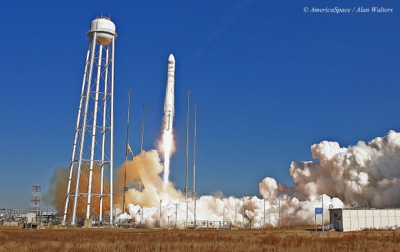 Antares rocket blastoff on Jan. 9 from Launch Pad 0A at NASA Wallops Flight Facility, VA lofting the Cygnus resupply vehicle on a mission for NASA bound for the International Space Station. Docking at ISS planned for Jan. 9. Both vehicles built by Orbital Sciences. Photo taken by remote camera at launch pad. Credit: Alan Walters/AmericaSpace/awaltersphoto.com