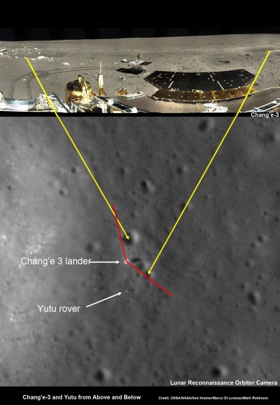 Chang’e-3 lander and Yutu rover – from Above And Below Composite view shows China’s Chang’e-3 lander and Yutu rover from Above And Below (orbit and surface) – lander color panorama (top) and orbital view from NASA’s LRO orbiter (bottom). Chang’e-3 lander color panorama shows Yutu rover after it drove down the ramp to the moon’s surface and began driving around the landers right side to the south. Yellow lines connect craters seen in the lander panorama and the LROC image from LRO (taken at a later date after the rover had moved), red lines indicate approximate field of view of the lander panorama. Credit: CNSA/NASA/Ken Kremer/Marco Di Lorenzo/Mark Robinson