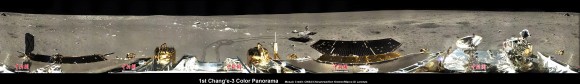 1st 360 Degree Color Panorama from China’s Chang’e-3 Lunar Lander.  This 1st color panorama from Chang’e-3 lander shows the moonscape view all around the landing site after the ‘Yutu’ lunar rover left impressive  tracks behind when it initially rolled all six wheels onto the pockmarked and gray lunar terrain on Dec. 15, 2013.  Mosaic Credit: CNSA/Chinanews/Ken Kremer/Marco Di Lorenzo - kenkremer.com