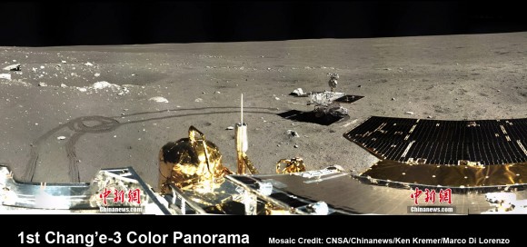 1st 360 Degree Color Panorama from China's Chang'e-3 Lunar Lander.  Portion of 1st color panorama from Chang'e-3 lander focuses on the 'Yutu' lunar rover and the impressive  tracks it left behind after initially rolling all six wheels onto the pockmarked and gray lunar terrain on Dec. 15, 2013.  Mosaic Credit: CNSA/Chinanews/Ken Kremer/Marco Di Lorenzo