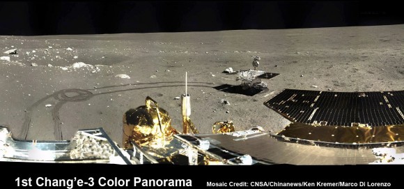 1st 360 Degree Color Panorama from China’s Chang’e-3 Lunar Lander. Portion of 1st color panorama from Chang’e-3 lander focuses on the ‘Yutu’ lunar rover and the impressive tracks it left behind after initially rolling all six wheels onto the pockmarked and gray lunar terrain on Dec. 15, 2013. Mosaic Credit: CNSA/Chinanews/Ken Kremer/Marco Di Lorenzo