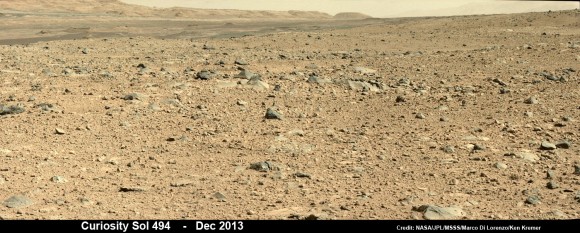 The rocky road ahead towards the base of Mount Sharp and the Murray Buttes entry point is shown in this mosaic from Dec. 26, 2013 (Sol 494).  Curiosity needs to rove along a smoother path forward to minimize wheel damage by sharp rocks.  Credit: NASA/JPL/MSSS/Marco Di Lorenzo/Ken Kremer 