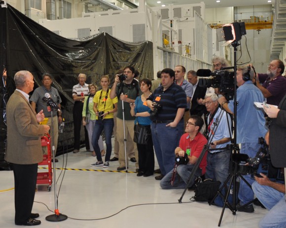 NASA Administrator Charles Bolden meets the media including Ken Kremer/Universe Today to discuss NASA’s human spaceflight initiatives and Orion crew capsule being assembled at the Kennedy Space Center. Credit: Urijan Poerink