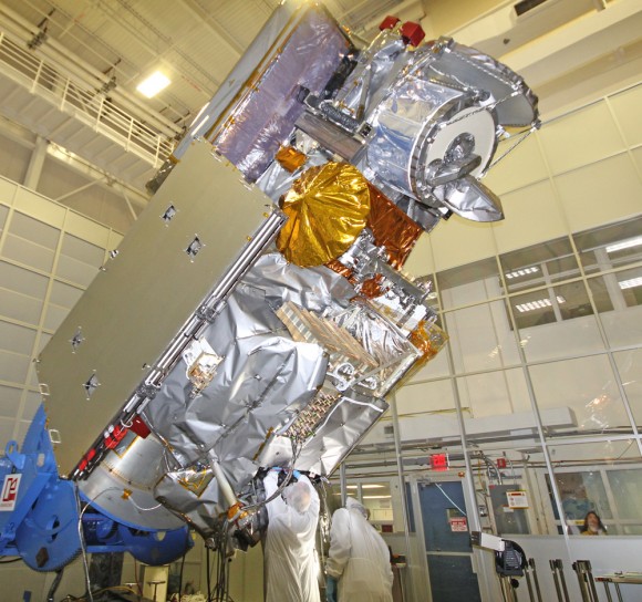 Global Precipitation Management Measurement (GPM) observatory satellite inside the clean room at NASA Goddard Space Flight Center undergoes final processing - side view. Credit: Ken Kremer/kenkremer.com