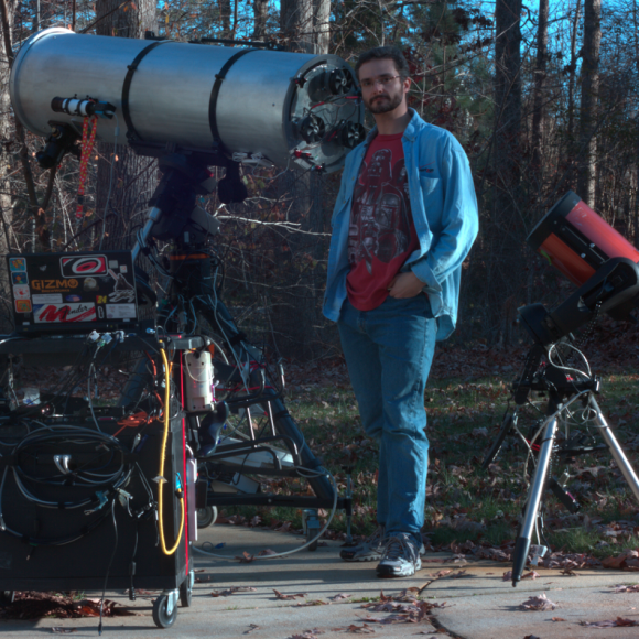 Astrophotographer Michael Phillips with the gear used to capture the Jupiter rotation animation. Credit-Michael Phillips