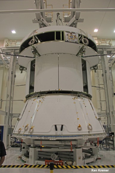 Orion service module assembly in the Operations and Checkout facility at Kennedy Space Center. Credit: Ken Kremer/kenkremer.com