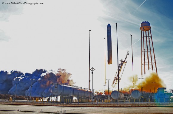 The third Antares rocket springs away from Pad 0A on a mission which firmly establishes Orbital Sciences Corp. as one of NASA’s Commercial Resupply Services (CRS) suppliers. Credit: Mike Killian/mikekillianphotography.com
