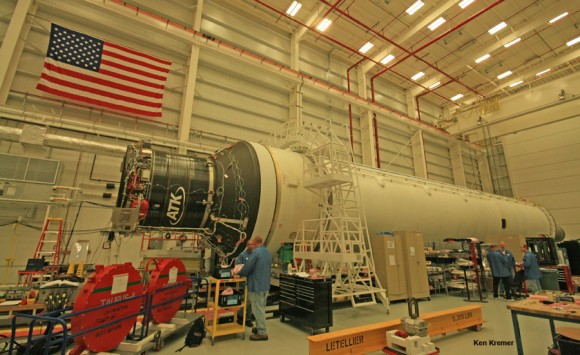 Antares rocket slated for Jan. 7, 2014 launch undergoes processing at the Horizontal Integration Facility at NASA Wallops, Virginia, during exclusive visit by  Ken Kremer/Universe Today.   Credit: Ken Kremer - kenkremer.com