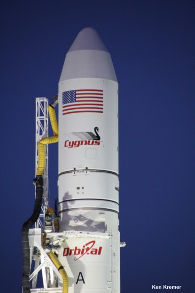 Cygnus cargo vessel up close view at Launch Pad 0A at NASA Wallops Flight Facility, VA. Credit: Ken Kremer - kenkremer.com