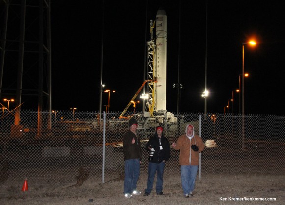 Space journalists Ken Kremer/Universe Today (left) and Mike Killian and Alan Walters of AmericaSpace (center, right) setting remote cameras at Antares launch pad amidst bone chilling cold for the photos featured herein. Credit: Ken Kremer - kenkremer.com