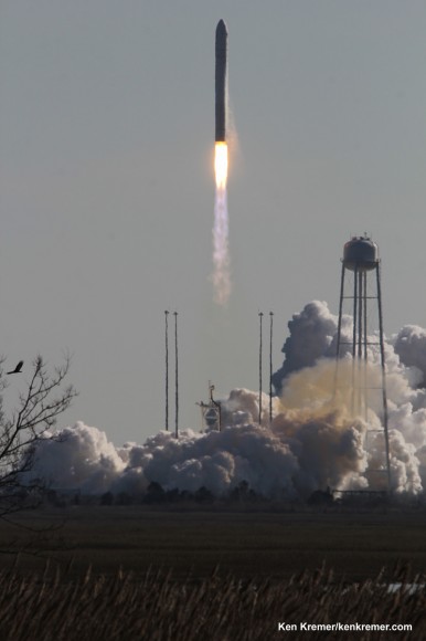 Birds take flight as Antares lifts off for Space Station from Virginia Blastoff of Antares commercial rocket built by Orbital Sciences on Jan. 9, 2014 from Launch Pad 0A at NASA Wallops Flight Facility, VA on a mission for NASA bound for the International Space Station and loaded with science experiments. Credit: Ken Kremer – kenkremer.com