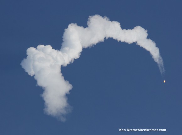 Antares majestic contrail soaring to space on Jan. 9, 2014 from Virginia coast. Credit: Ken Kremer - kenkremer.com